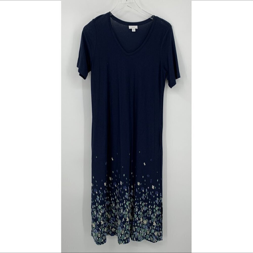 Pure J Jill knit maxi dress navy blue floral v-neck stretch abstract M PETITE PM